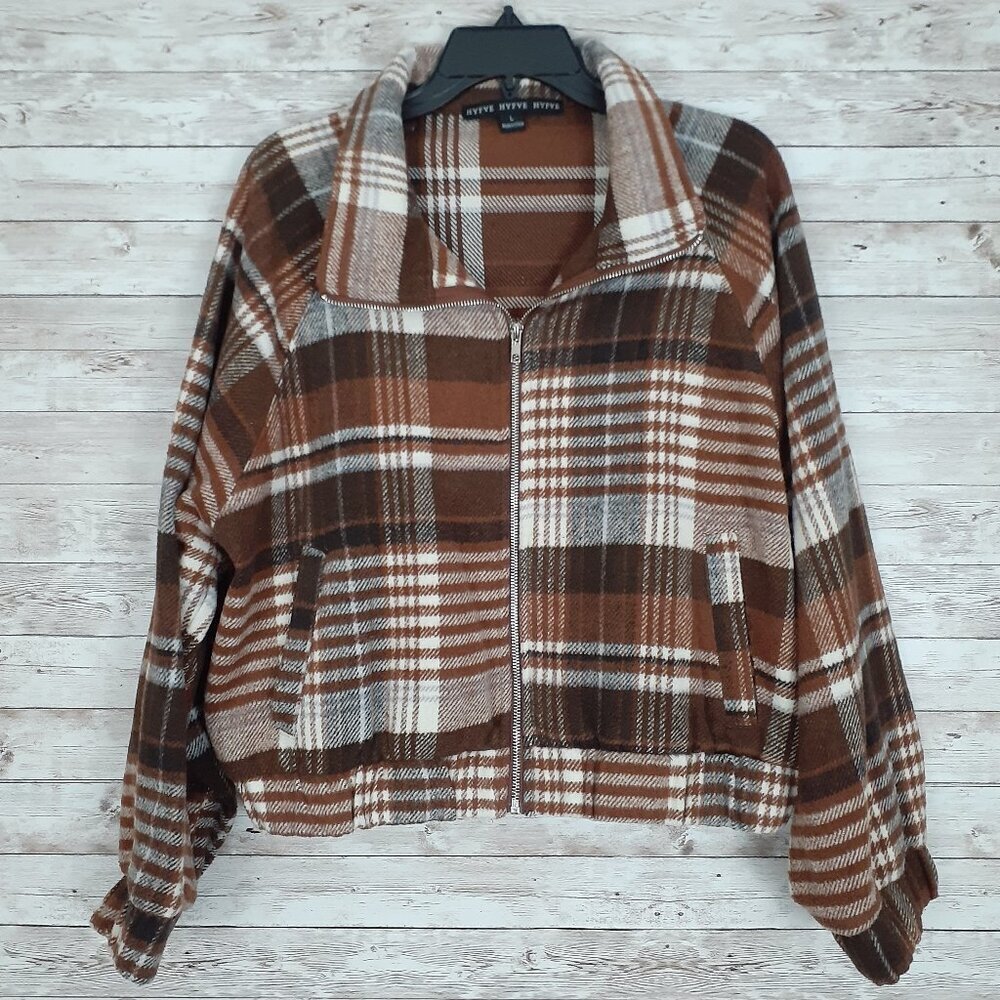 HYFVE Womens Flannel Jacket L Brown Plaid Zip 698A